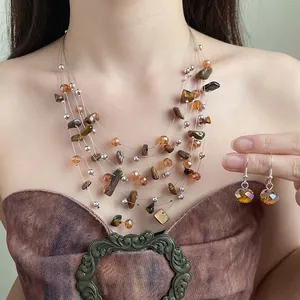 Vintage Tiger Eye Beaded Jewelry Set For Women Multi-layer Necklace And Earrings Set Brown Coffee Retro Party Jewelry Gift
