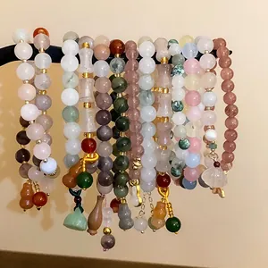 Natural stone elastic bracelets with elegant gourd jade charms in varied colors