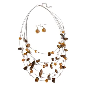 Vintage multi-strand tiger eye stone beaded necklace and earring set for women jewelry