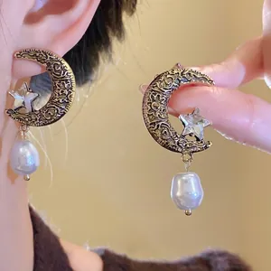 French Vintage Moon Star Artificial Pearl Stud Earrings With 925 Sterling Silver Earring Post Rhinestone Gold Earrings For Women