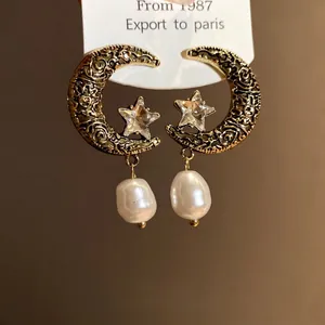 French vintage crescent moon and star pearl drop earrings with silver needle posts
