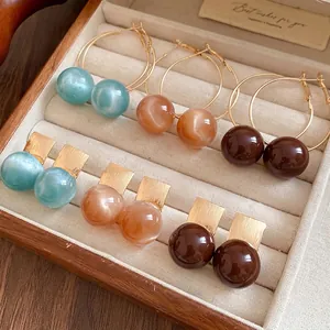 Korean Style Dopamine Candy Color Resin Ball Hoop Earrings Alloy Studs With 925 Sterling Silver Earring Post Sweet Geometric Jewelry For Women