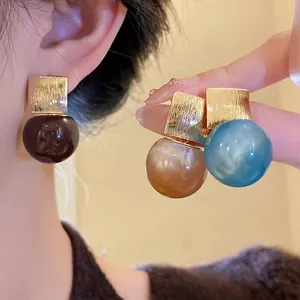 Sweet colorful resin ball stud earrings with gold brushed square metal