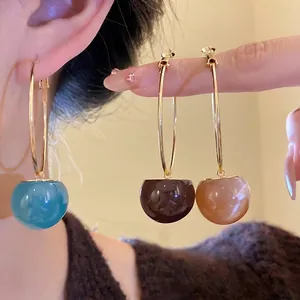 Vibrant candy color resin bead hoop earrings for women, sweet Korean style jewelry