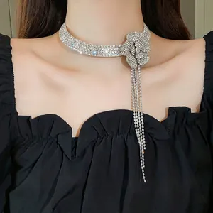 Luxury Copper Rhinestone Flower Tassel Choker Necklace For Women Sparkling Camellia Pendant Bone Chain Banquet Party Jewelry