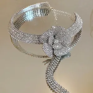 Sparkling rhinestone camellia flower choker necklace with elegant crystal tassels for women