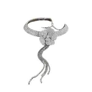 Elegant silver rhinestone flower tassel choker necklace for women's high-end fashion