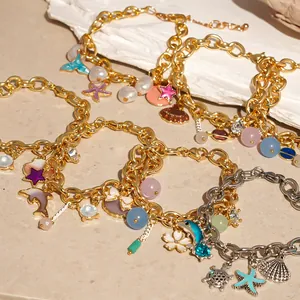 Ocean Theme Alloy Bracelet For Women Gold Plated Starfish Dolphin Shell Enamel Charm Rhinestone Adjustable Hand Jewelry