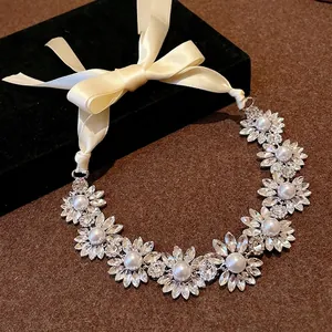 Vintage Alloy Rhinestone Flower Artificial Pearl Satin Ribbon Necklace Earrings Set Women Clavicle Chain Jewelry