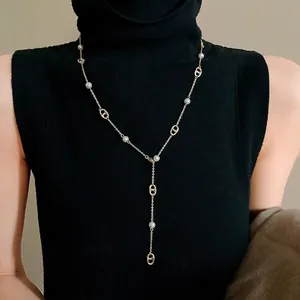 French Luxury Gold Plated Pig Nose Artificial Pearl Sweater Chain Necklace For Women Long Y-Shaped Geometric Fashion Jewelry