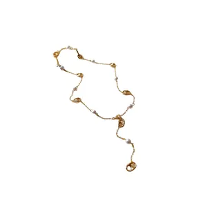 Elegant French style gold plated long sweater necklace with pig nose links and white pearls