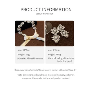 Product details for floral rhinestone ribbon necklace and matching pearl drop earrings