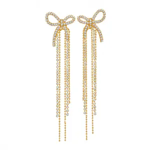 Elegant 18k gold plated bow tassel earrings with sparkling zircon crystals for women