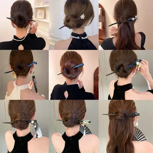 Bastoncino per Capelli Retro New Chinese Style per Donna Stile Antico Fiore Nappa Coniglio Forcina Legno Lega Perla Artificiale Accessori per Capelli