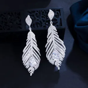 Elegant Feather Drop Earrings With Dangle Pear Shaped Zirconia Copper Base Silver Earring Post For Women Fashion Jewelry Accessories