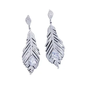 Elegant silver feather drop earrings encrusted with sparkling cubic zirconia stones