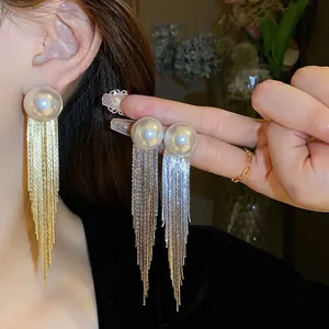 Fashion Alloy Artificial Pearl Long Tassel Drop Earrings For Women 925 Sterling Silver Earring Post Elegant Metal Dangle Earrings