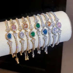 Bracciale Ovale in Zirconia in Stile Francese per Donna Braccialetto Regolabile in Rame con Zircone Intarsiato Gioielli a Mano Minimalisti Coreani