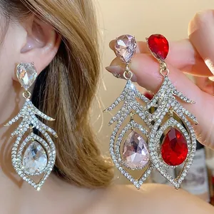 Vintage Court Style Alloy Rhinestone Feather Drop Earrings With 925 Sterling Silver Earring Post For Women Wedding Jewelry