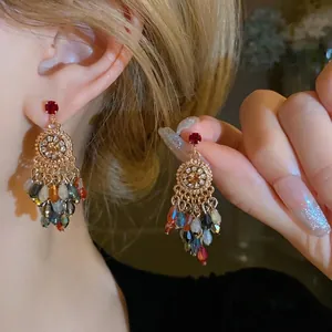 Women Vintage Luxury Flower Drop Earrings With Colorful Crystal Tassel Silver Earring Post Alloy Rhinestone Inlaid Dangle Earrings Jewelry Gift