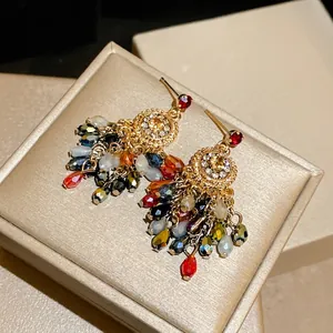 Vintage-style colorful crystal tassel earrings with S925 silver needles and flower motifs