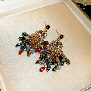 Elegant bohemian style flower crystal tassel earrings with sparkling colorful rhinestones