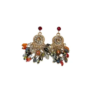 Exquisite bohemian style crystal tassel earrings with floral pattern and red top stud