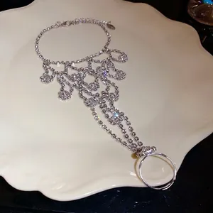 Exquisite silver rhinestone hand harness ring bracelet set for elegant prom party attire