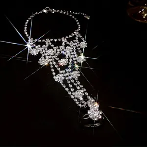 Elegant rhinestone slave bracelet with ring for prom and evening dresses