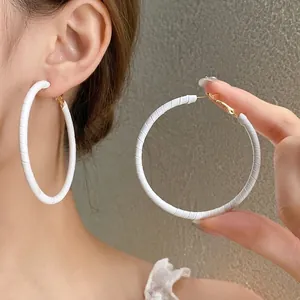 Elegant white leather-wrapped circular hoop earrings for women with silver needle