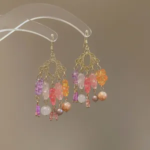 Pendientes de borla estilo dopamina con cuentas de colores y lentejuelas de flores oro
