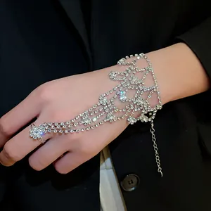 Elegant sparkling rhinestone hand chain bracelet with ring for formal evening wear