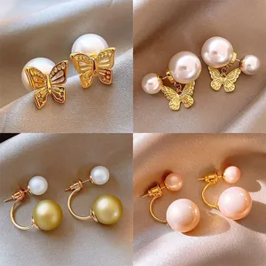 Pendientes Vintage Franceses Chapados en Oro Con Circonia y Perla Artificial Con Poste de Plata de Ley 925 Pendientes de Botón Geométricos de Mariposa para Mujer