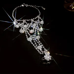 Sparkling rhinestone slave bracelet with ring, elegant hand jewelry for formal parties