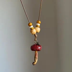 Vintage Ethnic Style Mushroom Pendant Necklace For Women Handmade Wooden Beads Long Sweater Chain Forest Jewelry Gift