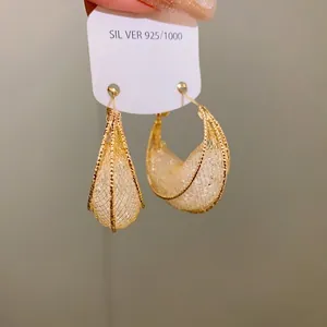 Elegant silver post moon boat shaped mesh hoop earrings for women