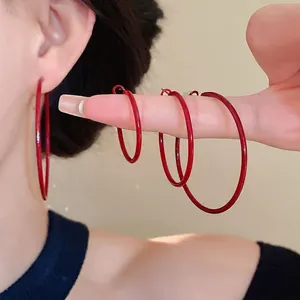 Ancora Red Round Hoop Earrings European American Bold Design Fashion Simple Circular Large Loop Earrings with Silver Earring Post for Women Jewelry