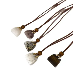 Minimalist vintage leather cord necklace with mini handbag stone pendant and wooden beads