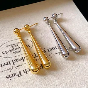 Minimalist silver needle long waterdrop dangle earrings in gold and silver