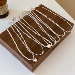 Minimalist Silver Geometric Necklace For Women Zinc Alloy Artificial Pearl Pendant Clavicle Chain Elegant Jewelry For Date Daily