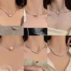 Six-grid detail view of minimalist silver geometric necklaces and pearl chokers on models