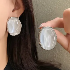 Minimalist Irregular Oval Artificial Pearl Stud Earrings With 925 Sterling Silver Earring Post Alloy Resin Ring Jewelry For Women Silver Plated