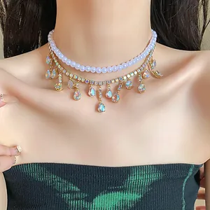 Detailed view of elegant double-layer pearl and iridescent crystal water-drop fringe necklace