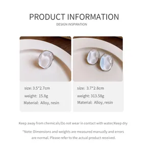 Detailed specifications for pearl-like oval stud earrings in two different sizes.