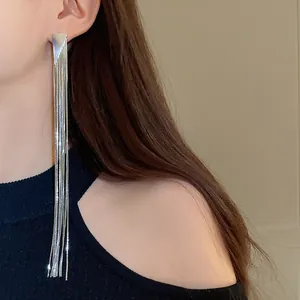 Detail of elegant long silver tassel earrings worn by a model, showing sleek metallic texture