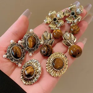 Vintage Court Style Tiger Eye Stone Artificial Pearl Stud Earrings For Women With 925 Sterling Silver Earring Post Gold