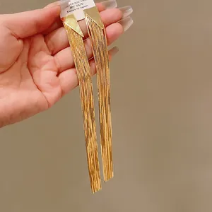 Detailed view of elegant gold-plated long tassel earrings featuring 925 silver needles