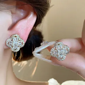 18k gold plated flower clip-on earrings set with sparkling cubic zirconia for women