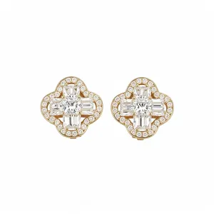 Elegant 18k gold plated flower stud earrings featuring baguette and round zirconia