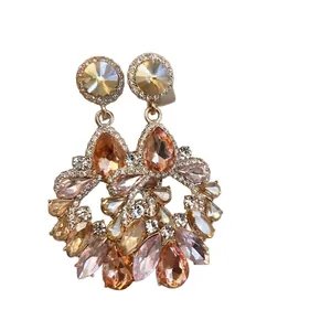 Exquisite oversized flower drop earrings with sparkling champagne crystals in gold